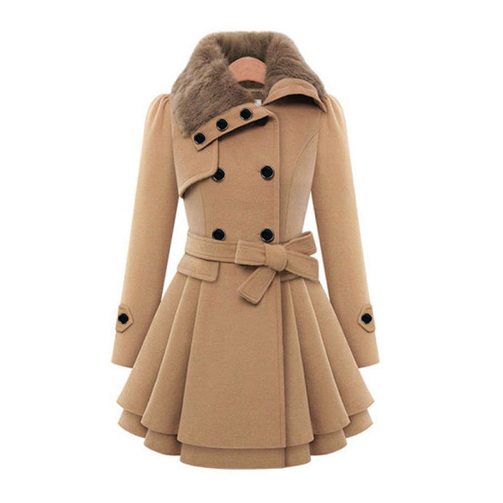 Beige lange en warme winterjas met bontkraag voor dames